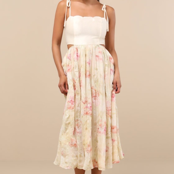 Lulus Rosalee Ivory Floral Mixed Media Midi Dress White - Size L - Picture 1 of 5